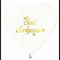 1+1 Dore Seni Seviyorum Baskılı 12 İnc Beyaz Kalpli Balon